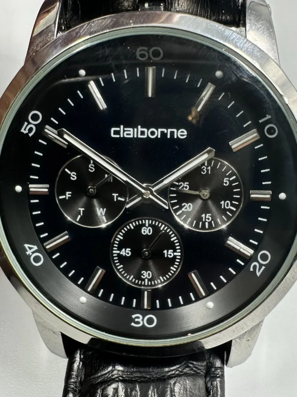 Claiborne Watch Men Silver Tone Blue Dial Leather Band New Battery 10 Inch